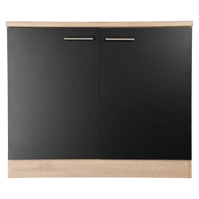 Respekta Merle Spülenunterschrank - B x T x H: 100 x 60 x 84,8 cm, Schwarz - Ein Foto von einem modernen Unterschrank in Schwarz mit hellen Holzdetails und schlichten, horizontalen Griffen.