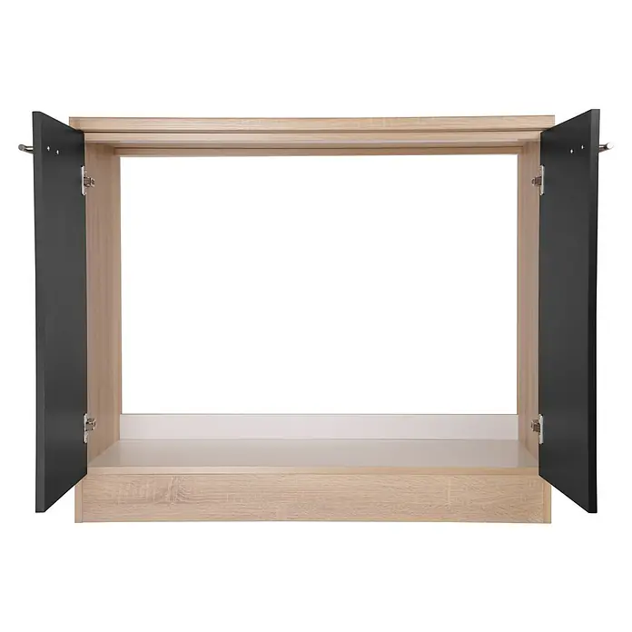 Respekta Merle Spülenunterschrank - B x T x H: 100 x 60 x 84,8 cm, Schwarz - Helles Holzregal mit zwei geöffneten grauen Türen, das einen Einblick in das Innere des Schranks gewährt.