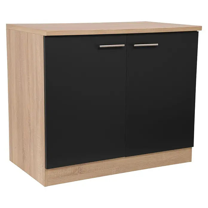 Respekta Merle Spülenunterschrank - B x T x H: 100 x 60 x 84,8 cm, Schwarz - Moderner Unterschrank mit zwei schwarzen Türen und hellen Holzoberflächen für stilvolle Aufbewahrung.
