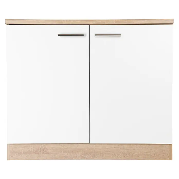 Respekta Merle Spülenunterschrank - B x T x H: 100 x 60 x 84,8 cm, Weiß - Ein weißer Schrank mit zwei Türen und Griffen aus Metall, umrandet von hellem Holzdekor, bietet praktischen Stauraum.