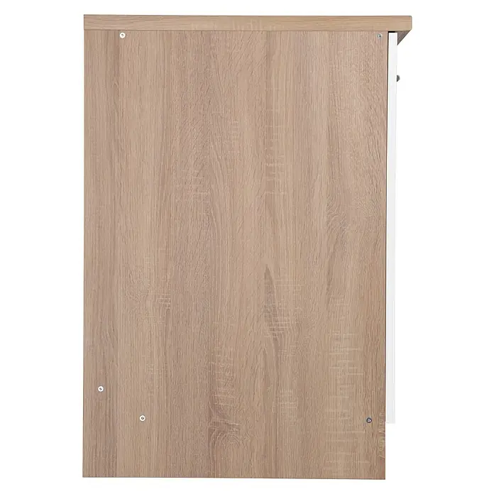 Respekta Merle Spülenunterschrank - B x T x H: 100 x 60 x 84,8 cm, Weiß - Seitenansicht eines Holzschranks mit weißer Kante und sichtbaren Schrauben, die die Konstruktion des Möbelstücks zeigen.