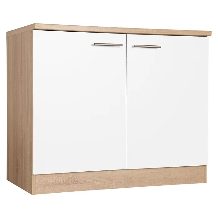 Respekta Merle Spülenunterschrank - B x T x H: 100 x 60 x 84,8 cm, Weiß - Schrank mit zwei weißen Türen und Griffen aus gebürstetem Stahl, Korpus in Holzoptik. Praktisches Möbelstück für Stauraum.