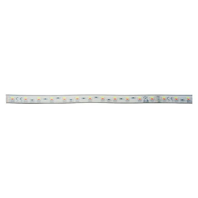 Alverlamp Tira LED a metros - Largo: 100 m, RGB, 12 W, IP65 - Primer plano de una tira de LED con marcado CE y símbolo de reciclaje para la correcta eliminación de la luz LED.