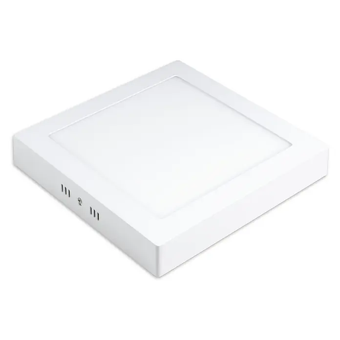 Alverlamp Foco downlight de superficie LED - 20 W, L x An x Al: 22,2 x 22,2 x 3,2 cm, Blanco cálido, Blanco - Primer plano de una lámpara de techo LED cuadrada y blanca, que muestra un accesorio de iluminación moderno y brillante.
