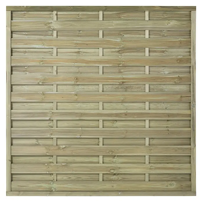 Plus Sichtschutzelement Bergen - 180 x 180 cm, Natur - Eine Nahaufnahme eines blickdichten, horizontalen Holzzauns mit rechteckigem Muster. Die Holzlatten sind hellbraun und verleihen dem Zaun eine natürliche Optik.