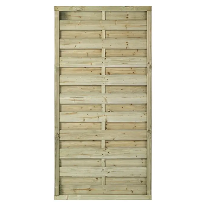 Plus Sichtschutzelement Bergen - 90 x 180 cm, Natur - Nahaufnahme eines Holzzauns mit horizontalen Latten und vertikalen Stützen. Das Holz ist hell und weist eine natürliche Maserung auf.
