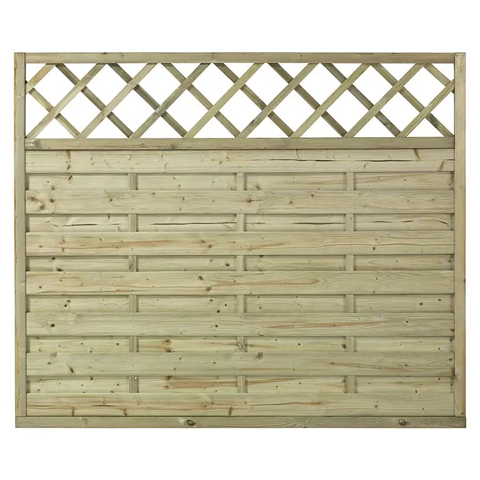 Plus Sichtschutzelement Bergen mit Rankgitter - 180 x 150 cm, Natur - Holzzaun mit Rautenmuster oben. Die Paneele sind aus hellem Holz gefertigt und haben eine natürliche Maserung. Ideal zur Garteneingrenzung.