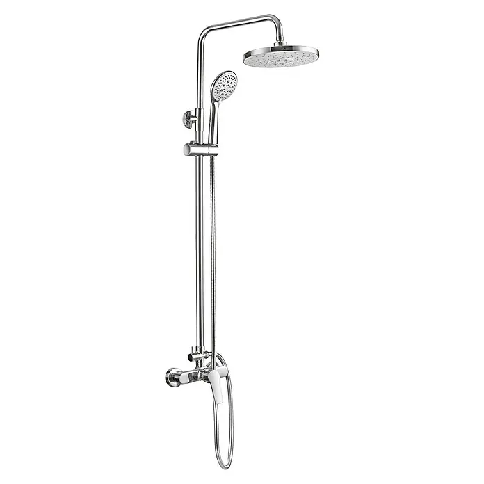 Sistema de ducha Altea - Grifo monomando, Distancia entre orificios: 15 cm, Número de tipos de chorro: 3 ud., Cromo - Un sistema completo de panel de ducha con rociadores fijos y de mano, y un grifo con palanca blanca para un baño moderno.