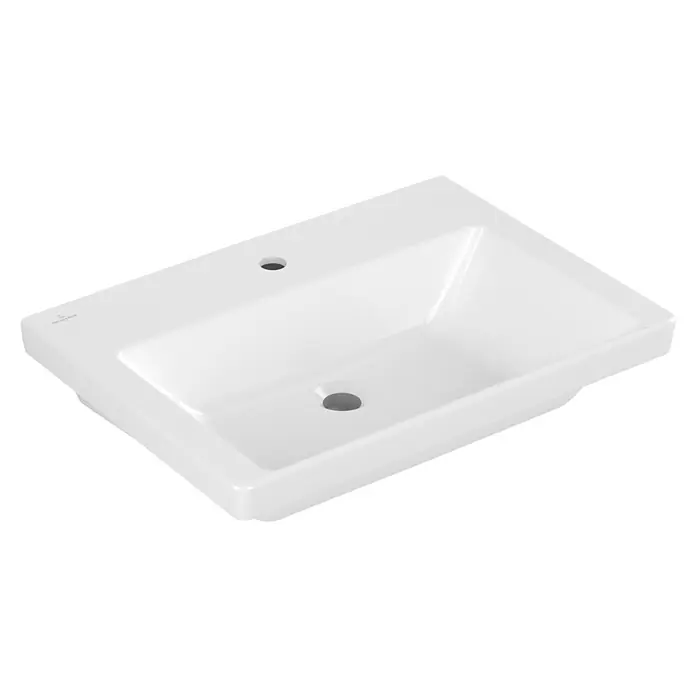 Villeroy & Boch Subway 3.0 Waschtisch - 65 x 47 cm, Mit schmutzabweisender Glasur, Hahnloch: Mitte, Ohne Überlauf, Stone White, Waschbecken geeignet für: Halbsäule, Ungeschliffen - Weißes rechteckiges Keramik-Waschbecken mit Hahnloch und Überlauf.