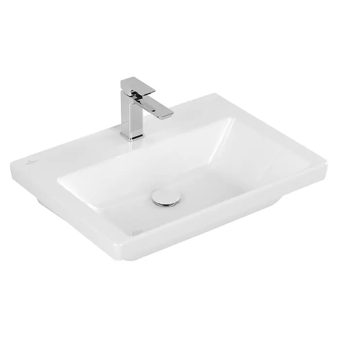 Villeroy & Boch Subway 3.0 Waschtisch - 65 x 47 cm, Mit schmutzabweisender Glasur, Hahnloch: Mitte, Ohne Überlauf, Stone White, Waschbecken geeignet für: Halbsäule, Ungeschliffen - Weißes, rechteckiges Keramikwaschbecken mit Chromarmatur und weißem Ablaufdeckel.