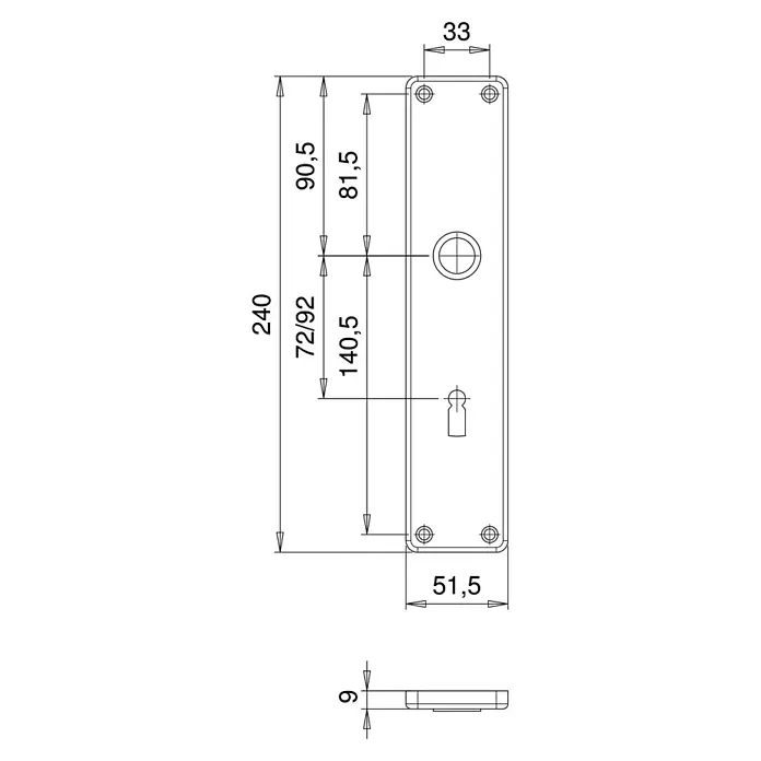 Stabilit Langschild - Distanznorm: 72 mm, Buntbart, Silber - Technische Zeichnung einer Türschildgarnitur mit genauen Maßangaben. Robustes Design für erhöhte Sicherheit und Langlebigkeit.