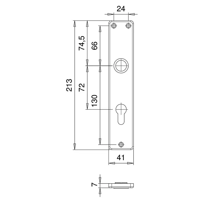 Portaferm Langschild - Distanznorm: 72 mm, Profilzylinder, Silber, Eckig - Produktabbildung: Türbeschlag mit genauen Abmessungen, einschließlich Länge (213 mm) und Breite (41 mm) für technische Details und Installation.