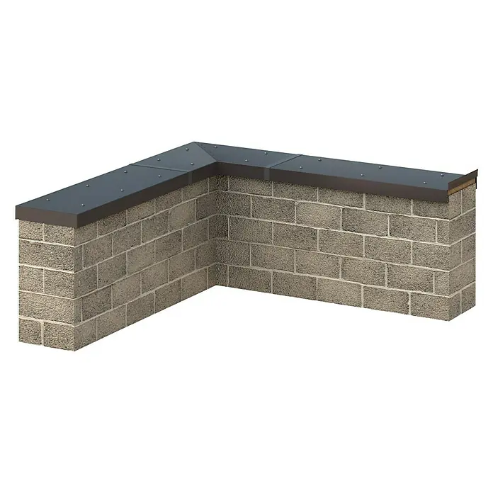 Sarei Eckverbinder - Breite: 200 mm, Anthrazit, Aluminium, Winkel: 90 °, Außenecke - Das Bild zeigt eine L-förmige Mauer aus Zementsteinen mit einer dunkelgrauen Abdeckung. Die Mauer steht auf einem weißen Hintergrund.