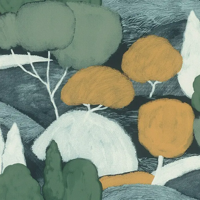 Rasch Selection Vliestapete Vinyl Botanical - Moosgrün/Ocker, Floral, 10,05 x 0,53 m - Abstrakte Waldlandschaft mit Bäumen und Hügeln in gedeckten Grün-, Orange-, Weiß- und Dunkelblautönen, mit Kreide-Textur.
