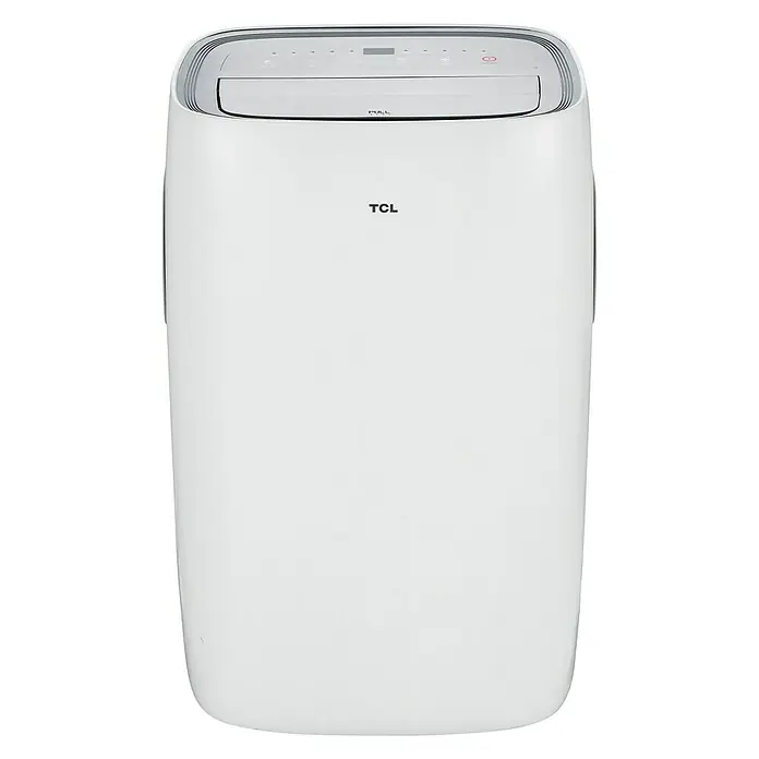 TCL Aire acondicionado portátil TCL12 - 3,2 kW, Tamaño de la estancia: 29 m², Blanco - Un aire acondicionado portátil TCL blanco y autónomo, con bordes redondeados y controles en la parte superior, ideal para la refrigeración localizada.