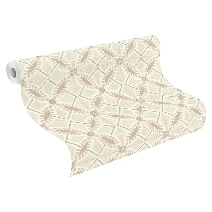 Rasch Beachhouse Vliestapete Fliesenkacheln - Blassrosa, Fliesenoptik, 10,05 x 0,53 m - Rollen Tapete in Beige mit geometrischem Muster aus grauen Linien und rosa Blumenmotiven.