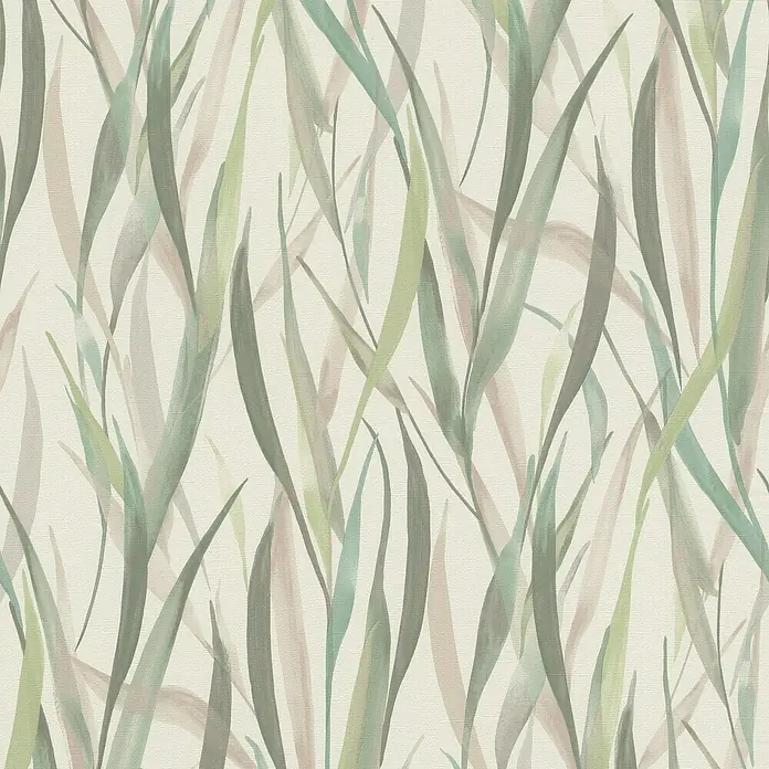 Rasch Paraiso Vliestapete Gräser - Beige/Grün/Weiß, Floral, 10,05 x 0,53 m - Aquarell-Tapete mit überlappenden Naturblatt- und Grasmustern in Grün-, Braun- und Türkistönen.