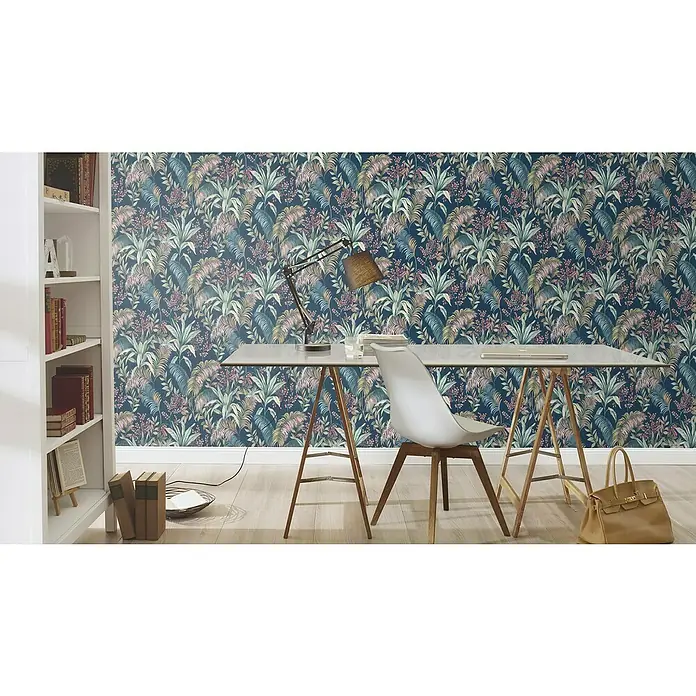 Rasch Florentine IV Vliestapete Pflanzen-Allover - Blau, Floral, 10,05 x 0,53 m - Dekoratives Interieur mit einer auffälligen floralen Tapete, die den Raum aufwertet und eine einladende Atmosphäre schafft.