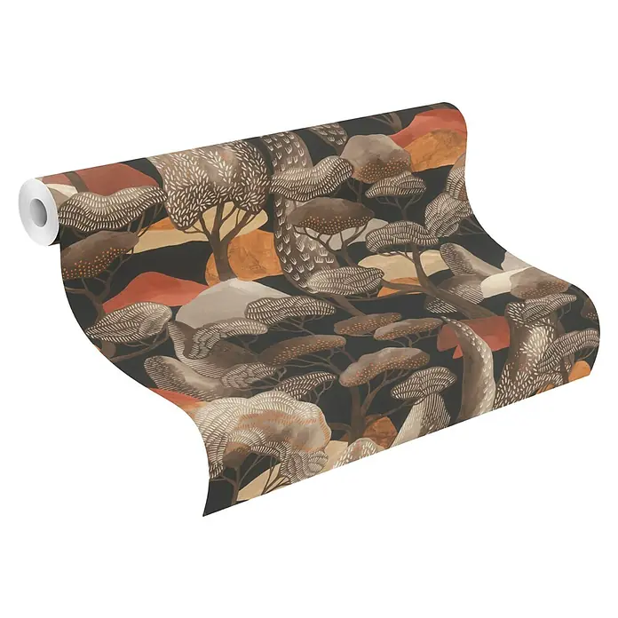 Rasch Selection Vliestapete Vinyl Modern Art III - Braun, Floral, 10,05 x 0,53 m - Tapetenrolle mit abstraktem Waldmuster aus Bäumen und Laub in Braun-, Orange- und Cremetönen auf dunklem Hintergrund.