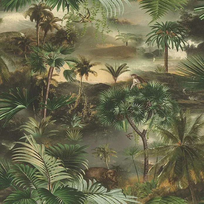 Rasch Selection Vliestapete Vinyl Dschungeltapete - Dschungelgrün, Floral, 10,05 x 0,53 m - Detaillierte Vintage-Illustration eines tropischen Dschungels mit Palmen, Elefant, Affe und Vögeln.