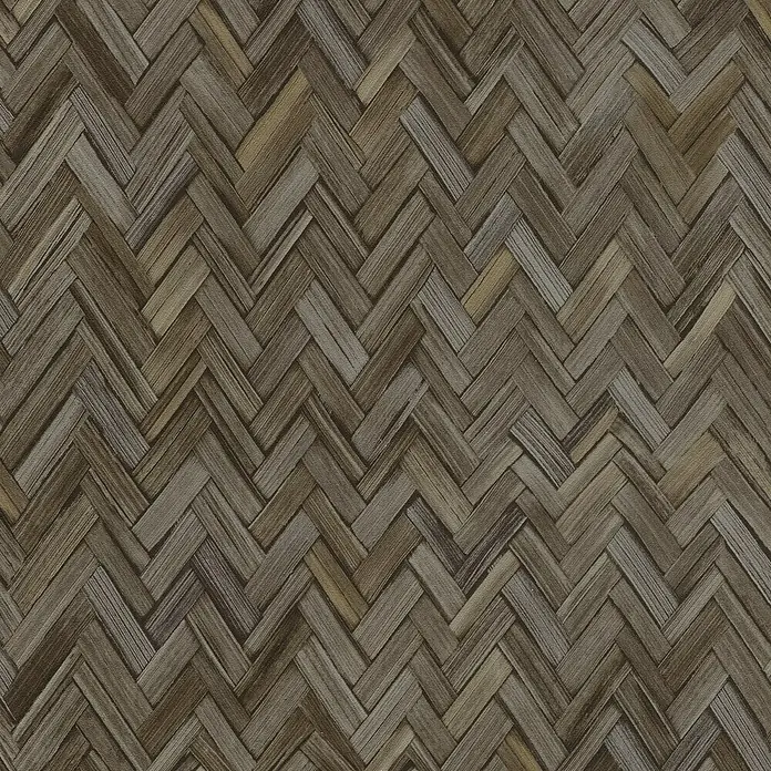 Rasch Beachhouse Vliestapete Vintage Fischgrätmuster - Dunkelbraun, Holzoptik, 10,05 x 0,53 m - Fischgrätmuster aus geflochtenen dunklen und hellbraunen Holzstreifen, ähnlich einer Naturfaserboden- oder Wandverkleidung.