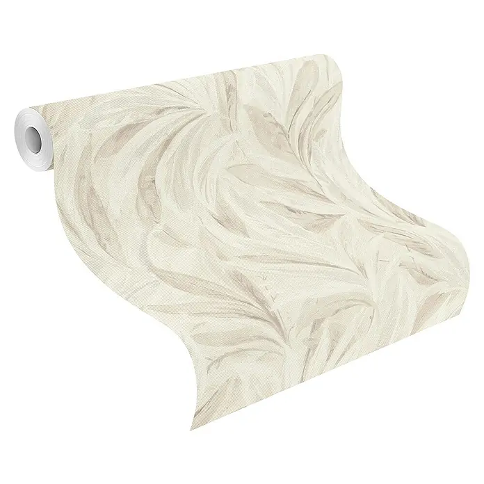 Rasch Selection Vliestapete Vinyl Blätterwand - Beige, Floral, 10,05 x 0,53 m - Helle beige Tapetenrolle mit dezentem organischem Muster, teilweise abgerollt.