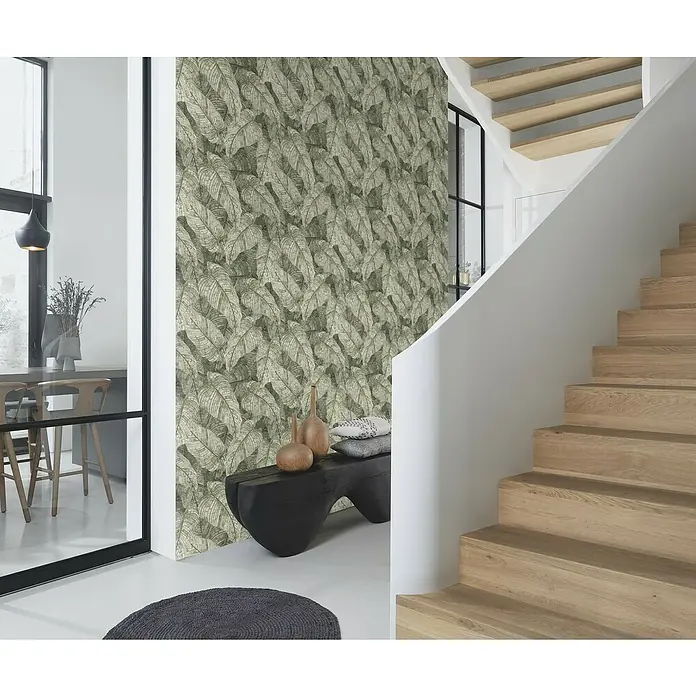 Rasch Amara Vliestapete Blätter - Grüngrau, Floral, 10,05 x 0,53 m - Modernes Interieur mit einer Wandtapete mit exotischem Blätterdesign, das dem Raum eine natürliche und elegante Note verleiht.