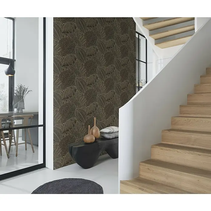 Rasch Selection Vliestapete Allegretto - Schwarzgold, Floral, 10,05 x 0,53 m - Ein stilvolles Interieur mit einer Wandtapete mit Blattmuster, die eine moderne und natürliche Note verleiht.