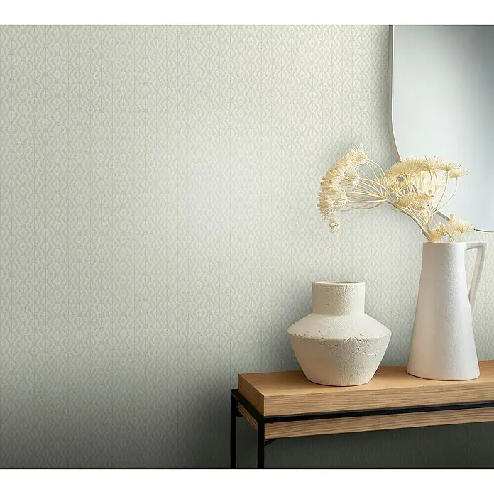 Rasch Beachhouse Vliestapete Allover-Design - Hellgrün/Beige, Grafisch, 10,05 x 0,53 m - Ein sanfter Blickfang: Die zarte, cremefarbene Tapete mit filigranem Muster verleiht jedem Raum eine beruhigende und stilvolle Atmosphäre.