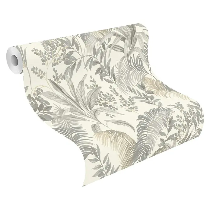 Rasch Florentine IV Vliestapete Pflanzen-Allover - Grau, Floral, 10,05 x 0,53 m - Gerollte Tapete mit cremefarbenem Hintergrund und grau-beigem Tropenblattmuster.
