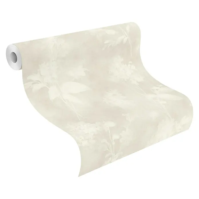 Rasch Florentine IV Vliestapete Dezente Blümchen - Grau, Floral, 10,05 x 0,53 m - Teilweise abgerollte, hellbeige Tapetenrolle mit dezentem Blumenmuster.