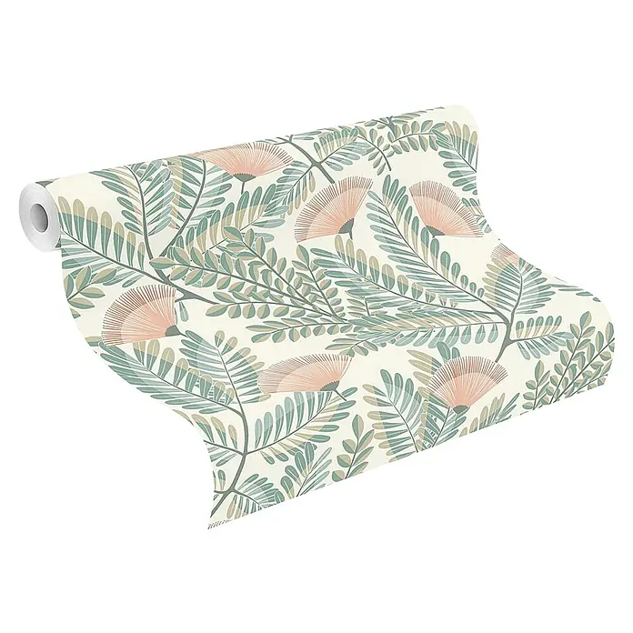 Rasch Selection Vliestapete Vinyl Botanical - Pastelltürkis, Floral, 10,05 x 0,53 m - Eine Rolle Tapete mit hellrosa Fächerblumen und grünen Blättern auf cremefarbenem Hintergrund.