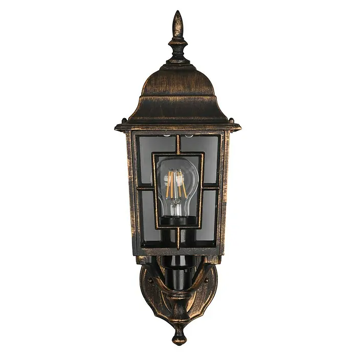 Trio Lighting Aplique exterior Volturno - 60 W, 19 x 15 x 41 cm, Bronce, IP44 - Primer plano de una farola de pared de estilo vintage con bombilla decorativa y acabado antiguo.