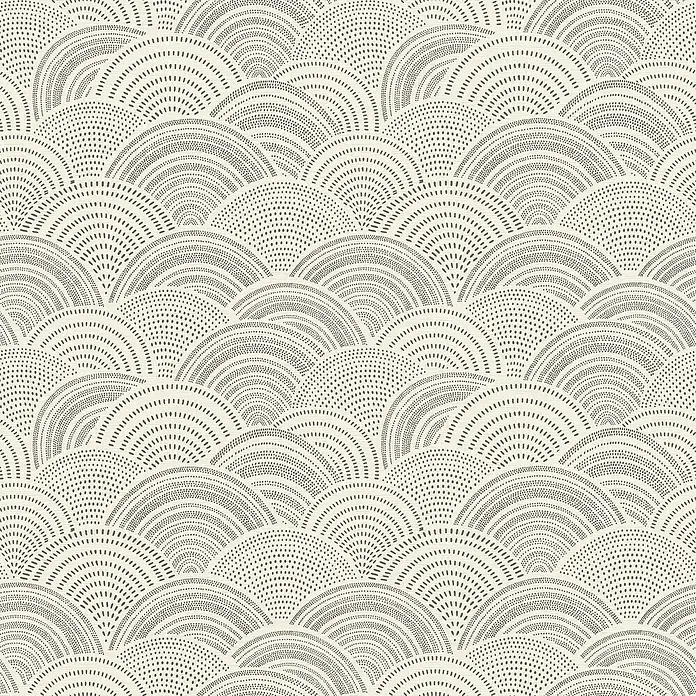 Rasch Selection Vliestapete Vinyl Rainbow - Schwarz/Weiß, Grafisch, 10,05 x 0,53 m - Nahtloses, organisches Wellenmuster mit gepunkteten dunkelgrauen Bögen.