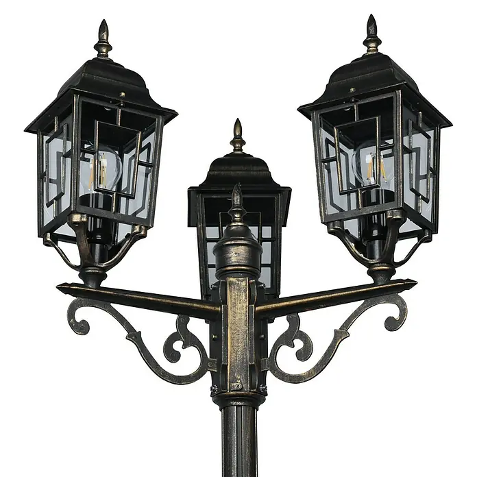 Trio Lighting Farola Volturno - 60 W, Color del marco: Bronce, Sin bombillas - Lámpara de exterior con tres luces en diseño antiguo. Las linternas cuentan con paneles de vidrio transparente y elementos decorativos.