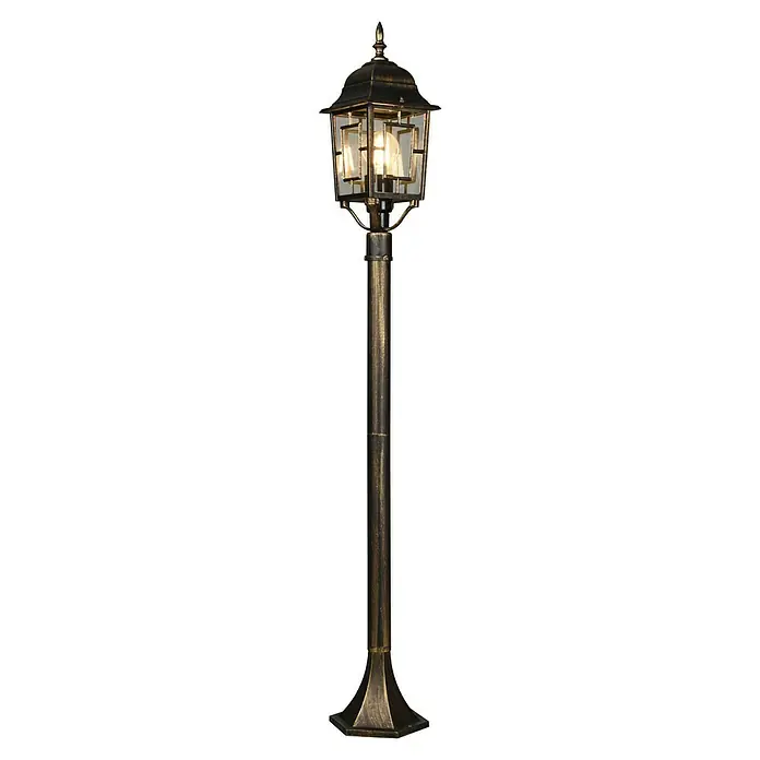 Trio Lighting Lámpara de pie para exterior Volturno - 60 W, Color del marco: Bronce, 17 x 15 x 100 cm, Sin bombillas - Una elegante farola alta con un acabado dorado. La luz brilla a través del vidrio transparente, ofreciendo una iluminación elegante.