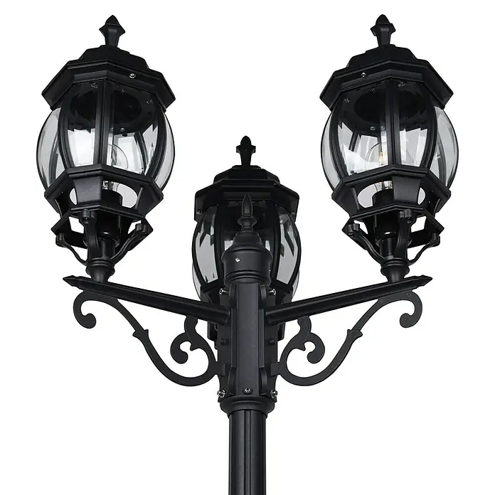 Trio Lighting Farola Elvo - 60 W, Color del marco: Negro, Altura: 240 cm - Farola de jardín triple negra con detalles decorativos, que proporciona iluminación ambiental y añade un toque elegante al espacio exterior.