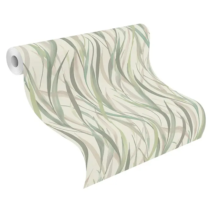 Rasch Paraiso Vliestapete Gräser - Beige/Grün/Weiß, Floral, 10,05 x 0,53 m - Teilweise abgerollte Tapetenrolle mit hellem Hintergrund und wellenförmigem grünem und beigem Blattmuster.
