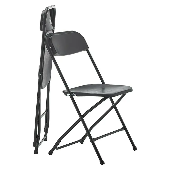 Silla de jardín Every - 46 x 50 x 80 cm, Negro, HDPE/Acero - Silla plegable negra. La silla está plegada y de pie, diseñada para facilitar su almacenamiento y transporte.