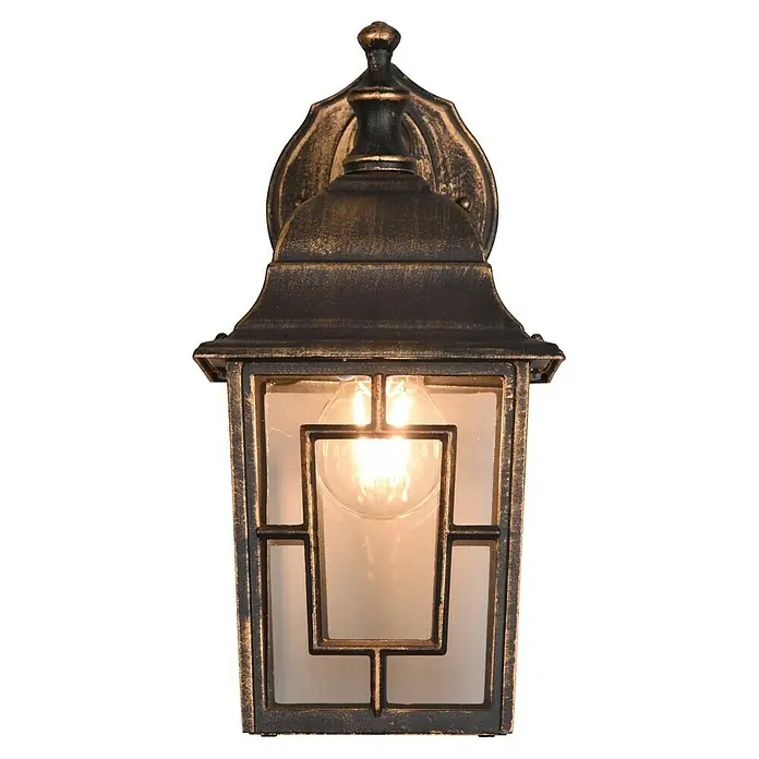 Trio Lighting Aplique exterior Volturno - 60 W, 19 x 15 x 30 cm, Bronce, IP44 - Primer plano de una farola de pared de estilo vintage con iluminación cálida y diseño decorativo, perfecta para exteriores.