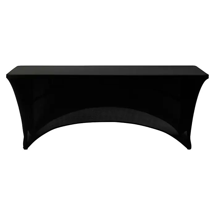 Funda protectora para mesa de jardín - Negro, Plástico, L x An: 183 x 76 cm - Una mesa de presentación negra y moderna con una base curva, ideal para exposiciones o eventos.