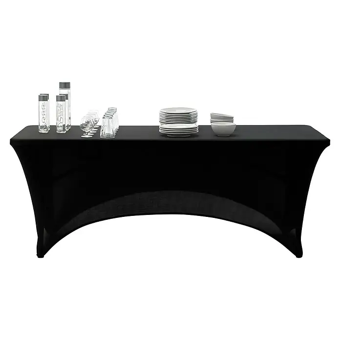 Funda protectora para mesa de jardín - Negro, Plástico, L x An: 183 x 76 cm - Mesa de presentación con funda elástica negra, exhibiendo botellas de agua, vasos, platos y cuencos, ideal para eventos y catering.