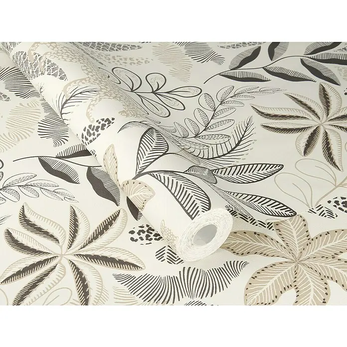 Rasch Selection Vliestapete Vinyl Botanical - Beige, Floral, 10,05 x 0,53 m - Nahaufnahme der Rollentapete mit botanischem Muster in Beige- und Grautönen, die eine elegante und stilvolle Dekoration bietet.