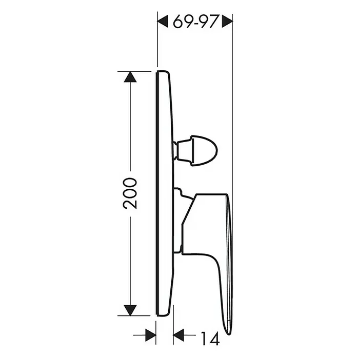 Hansgrohe MySport Grifo de bañera empotrado - Cromo, Resplandeciente - Dibujo técnico de un grifo con dimensiones de 200 mm de altura, 69-97 mm de profundidad y 14 mm de longitud de palanca para referencia de instalación.