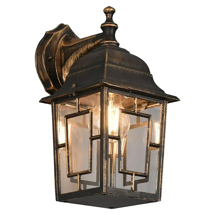 Trio Lighting Aplique exterior Volturno - 60 W, 19 x 15 x 30 cm, Bronce, IP44 - Una lámpara de pared decorativa con un diseño rústico. La lámpara está hecha de metal y vidrio y tiene un esquema de color antiguo.
