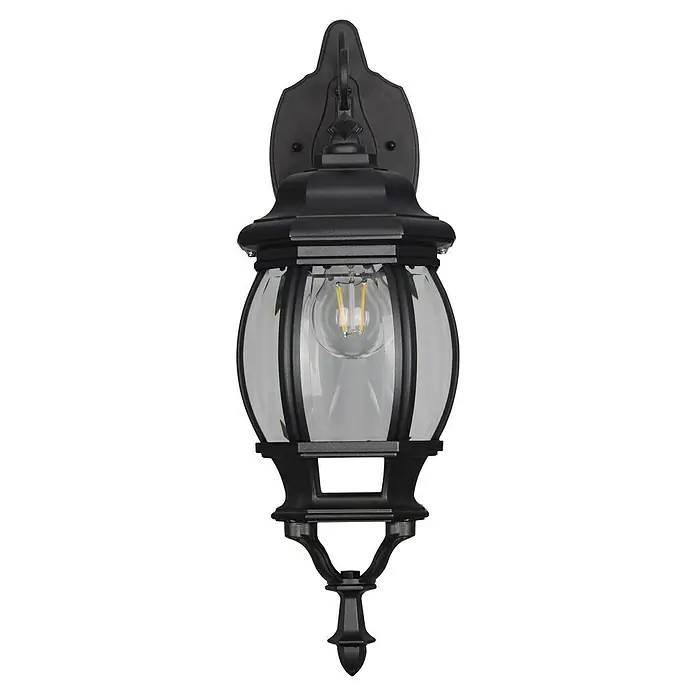 Trio Lighting Aplique exterior Elvo descendente - 60 W, 24 x 18 x 49 cm, Negro, IP44, Descendente - Aplique de pared exterior negro estilo linterna con cristal transparente y detalles intrincados. Diseñado para iluminación ambiental exterior.