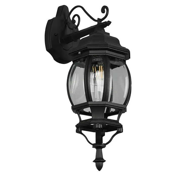 Trio Lighting Aplique exterior Elvo descendente - 60 W, 24 x 18 x 49 cm, Negro, IP44, Descendente - Elegante lámpara de pared exterior negra con cristal transparente, mostrando detalles decorativos y proporcionando iluminación ambiental para tu espacio exterior.