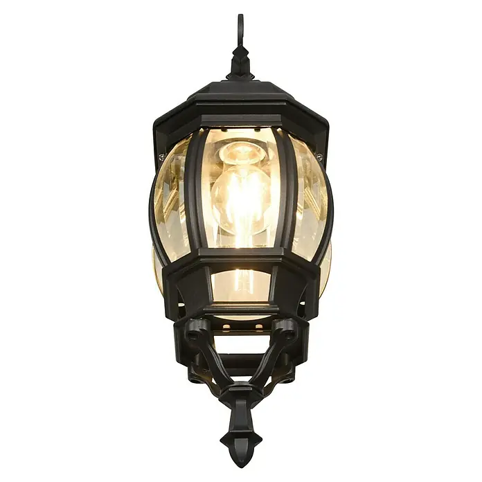 Trio Lighting Aplique exterior Elvo descendente - 60 W, 24 x 18 x 49 cm, Negro, IP44, Descendente - Luz exterior negra con paneles de vidrio transparente, que muestra una bombilla interior de luz cálida.