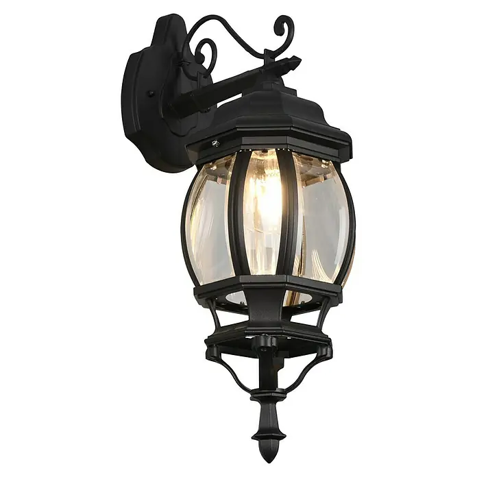 Trio Lighting Aplique exterior Elvo descendente - 60 W, 24 x 18 x 49 cm, Negro, IP44, Descendente - Aplique de pared exterior negro con vidrio transparente y un soporte decorativo. Proporciona iluminación elegante para exteriores.