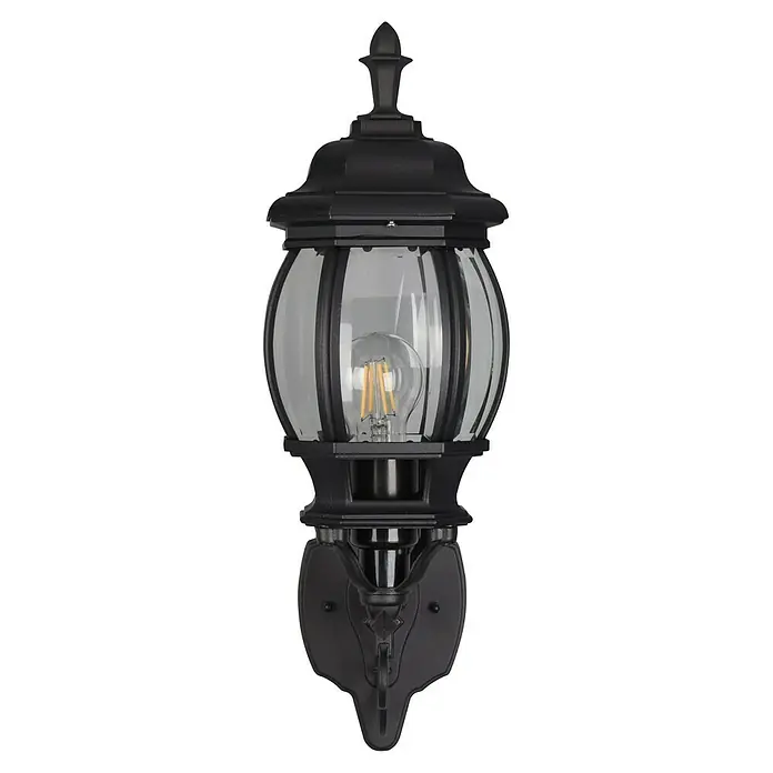 Trio Lighting Aplique exterior Elvo ascendente - 60 W, 24 x 18 x 49 cm, Negro, IP44, Ascendente - Primer plano de una lámpara de pared exterior negra con una pantalla transparente en forma de globo y un soporte decorativo.